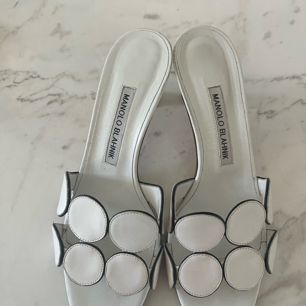 Manolo Blahnik White Circle Accent Mules